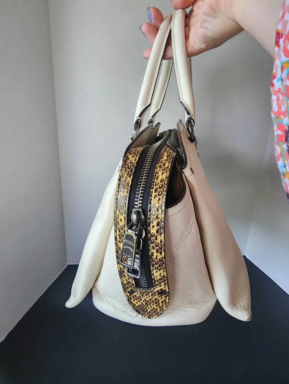 SALE! Coach Off-White Pebbled Leather Satchel with Dark Trim and Silver Hardware